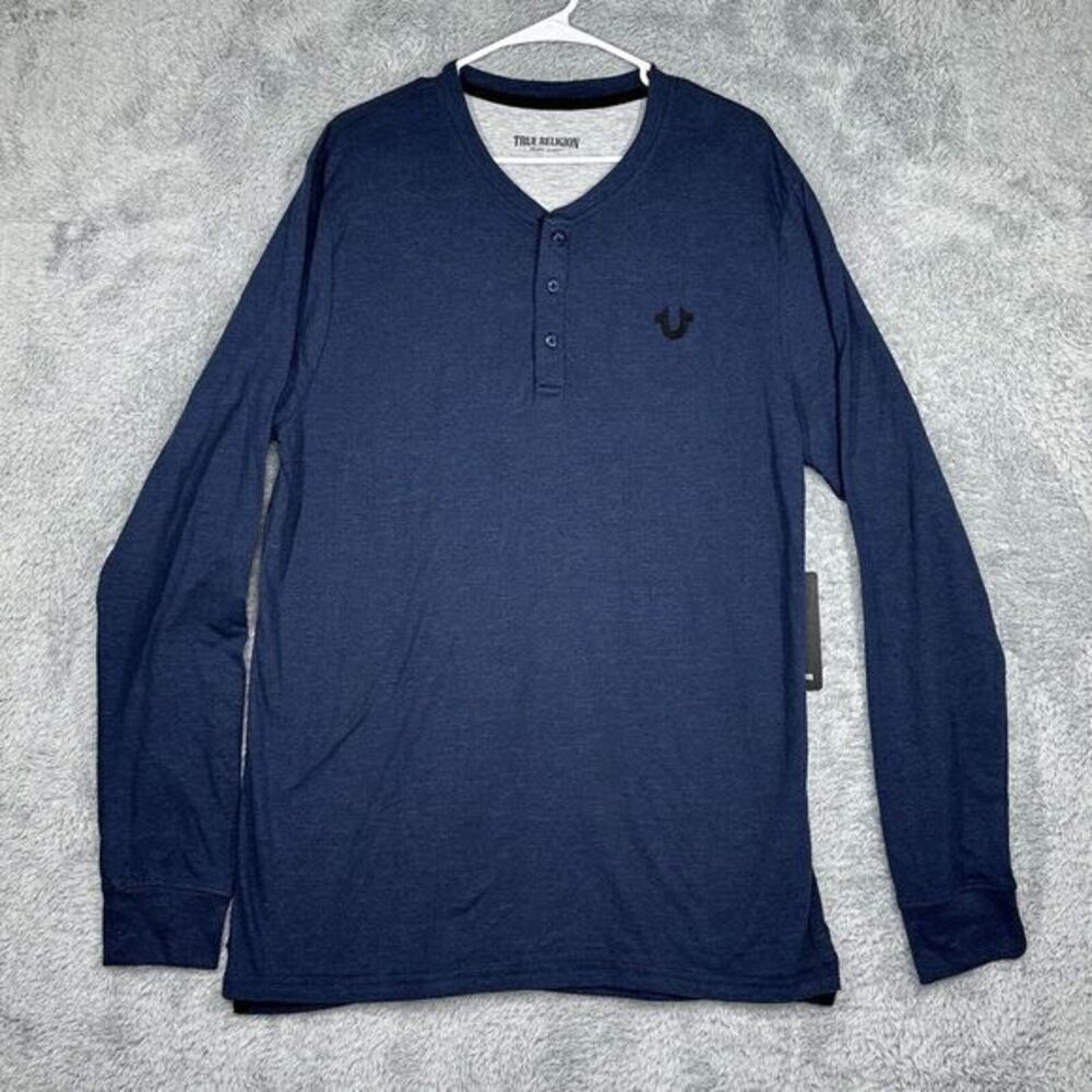 New TRUE RELIGION Blue Henley Long Sleeve Shirt Mens Size‎ 2XL